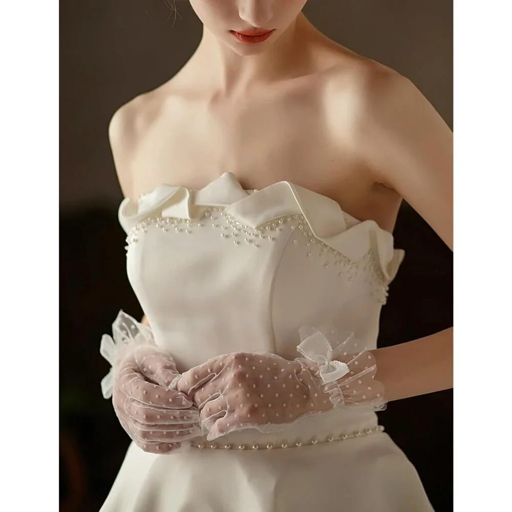 Women's Black Short Polka Dot Lace Bow Mesh Party Wedding Bridal Gloves Prom